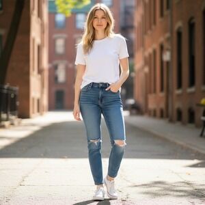 EXPRESS High Rise Skinny Jeans Distressed Blue Wash Size 16R